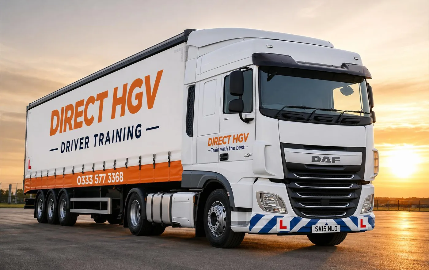 Direct HGV Driver Training — branded DAF XF training lorry with phone 0333 577 3368